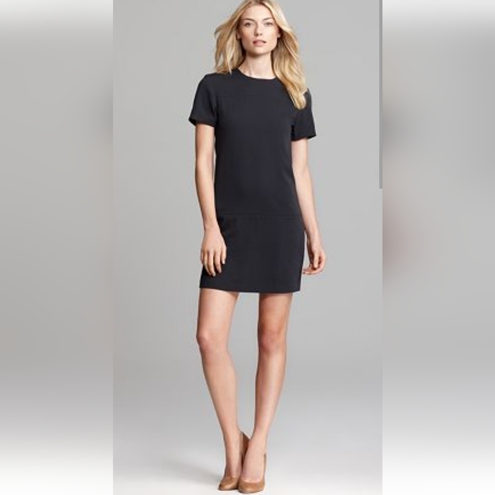 Theory Eliora Shift Dress in Maritime Navy Blue Madera Crepe Short Sleeve 12